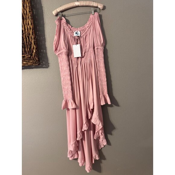 Sleeper Juliette Off Shoulder Smocked Midi Dress L Fairy Pink Shirred NEW $370 - Picture 8 of 14